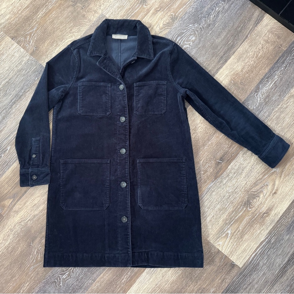 Everlane Corduroy Long Shirt Jacket Size S Navy Chore Coat Utility Dress